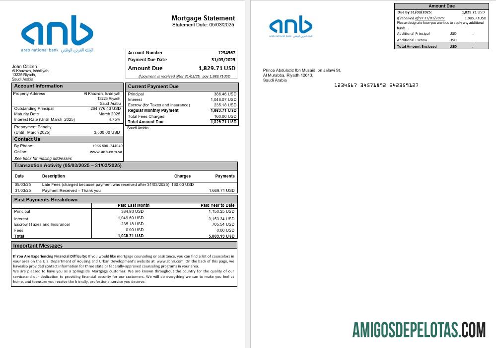 Declaração de hipoteca ANB do Banco Nacional Árabe da Arábia Saudita em formatos Word e PDF amostra